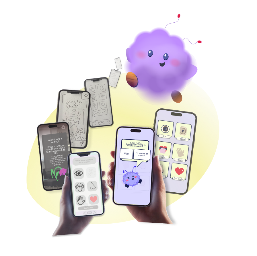 Image of App in several stages of design, including sketches, wireframes and mid-fidelity designs, with a large image of the App's mascot fluffy at the top.